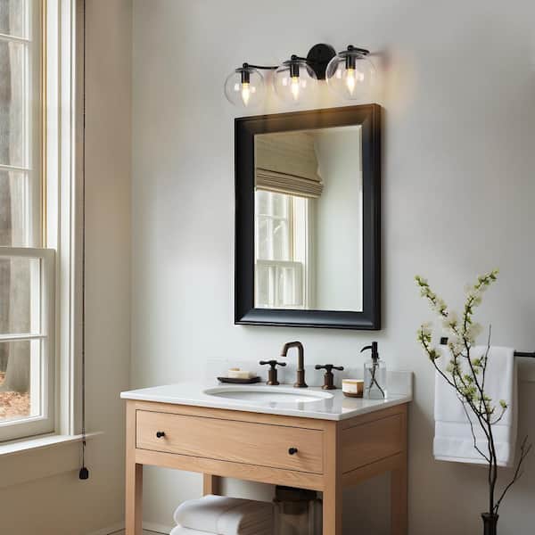 Modern Industrial 24.5 in. 3-light Matte Black Bathroom Vanity Light, Wall Lamp with Globe Clear Glass Shades
