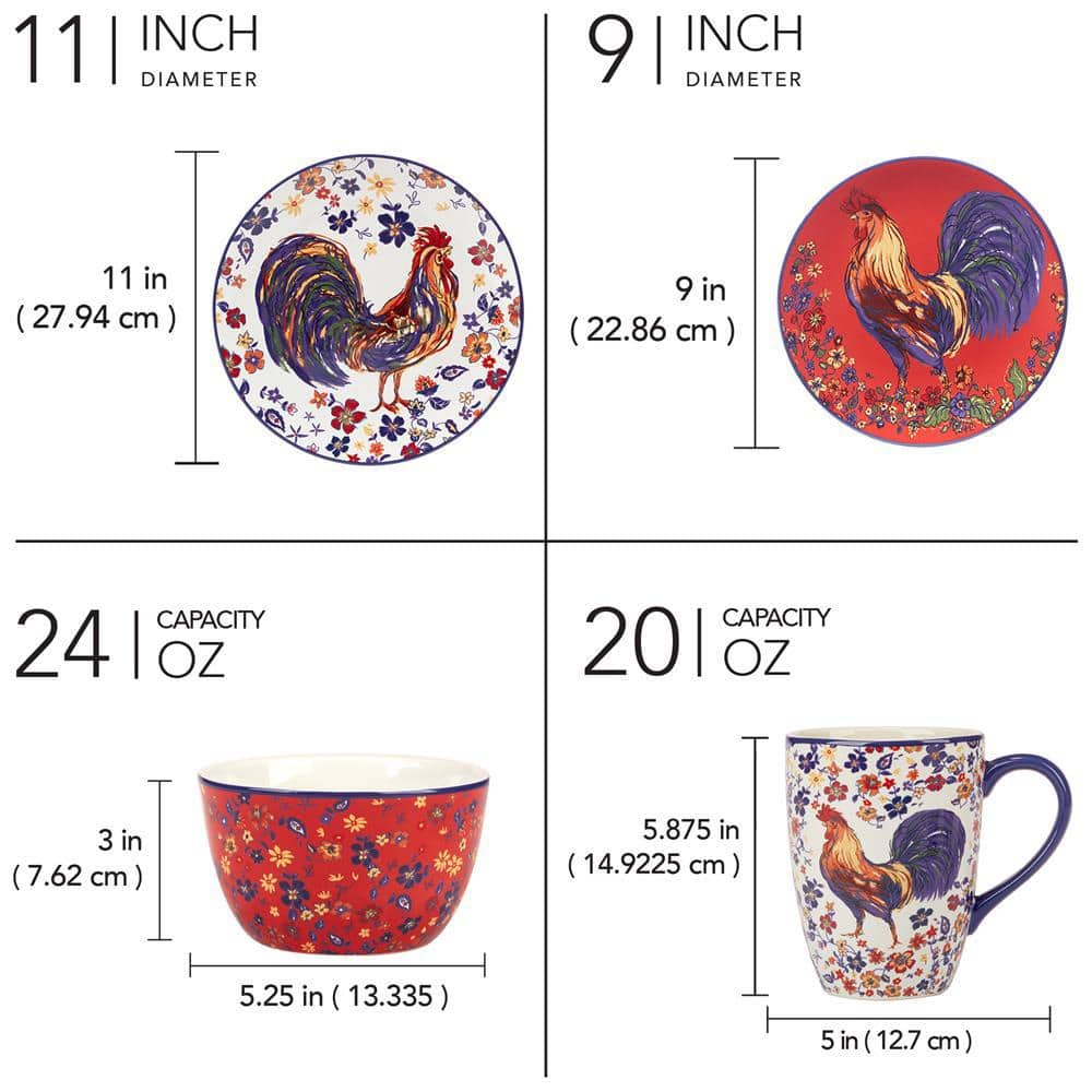 Vibrant Porcelain Rooster Dinnerware Set for 4
