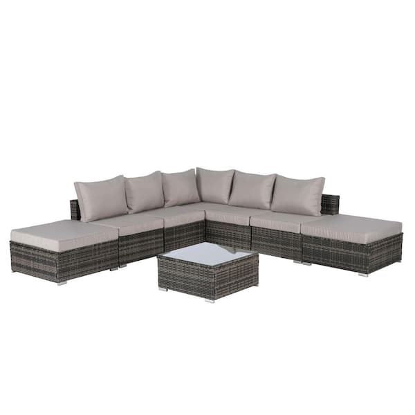 Tenleaf 8-Piece Wicker Patio Conversation Set with Light Gray Cushions, Glass Coffee Table