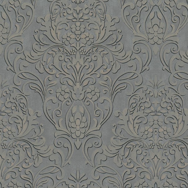 Advantage Grey Anders Pewter Damask Vinyl Non-pasted Metallic Wallpaper
