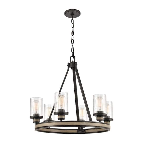 Beaufort 6-Light Anvil Iron Wagon Wheel Chandelier with Glass Shades