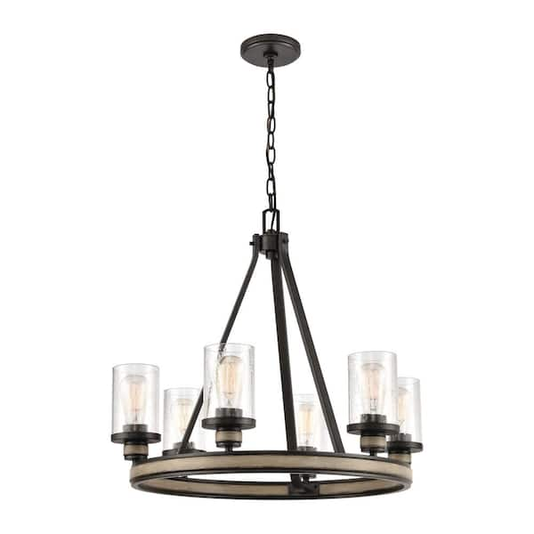 Titan Lighting Beaufort 6-Light Anvil Iron Wagon Wheel Chandelier with Glass Shades