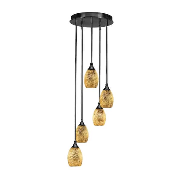 Unbranded Villa 5 Light Matte Black Pendant, Cluster Pendant Light with 5 in. Gold Fusion Glass Shades, No Bulbs Included