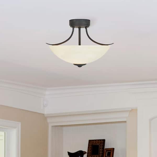 Designers Fountain Montego 16 in. 2-Light Oil Rubbed Bronze Farmhouse Entryway Semi-Flush Mount with Satin Glass Shade