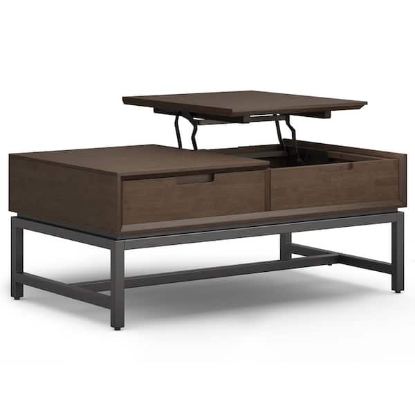 Simpli Home Banting 48 in. SOLID HARDWOOD Walnut Brown Wide Rectangle Wood Modern Industrial Lift Top Coffee Table