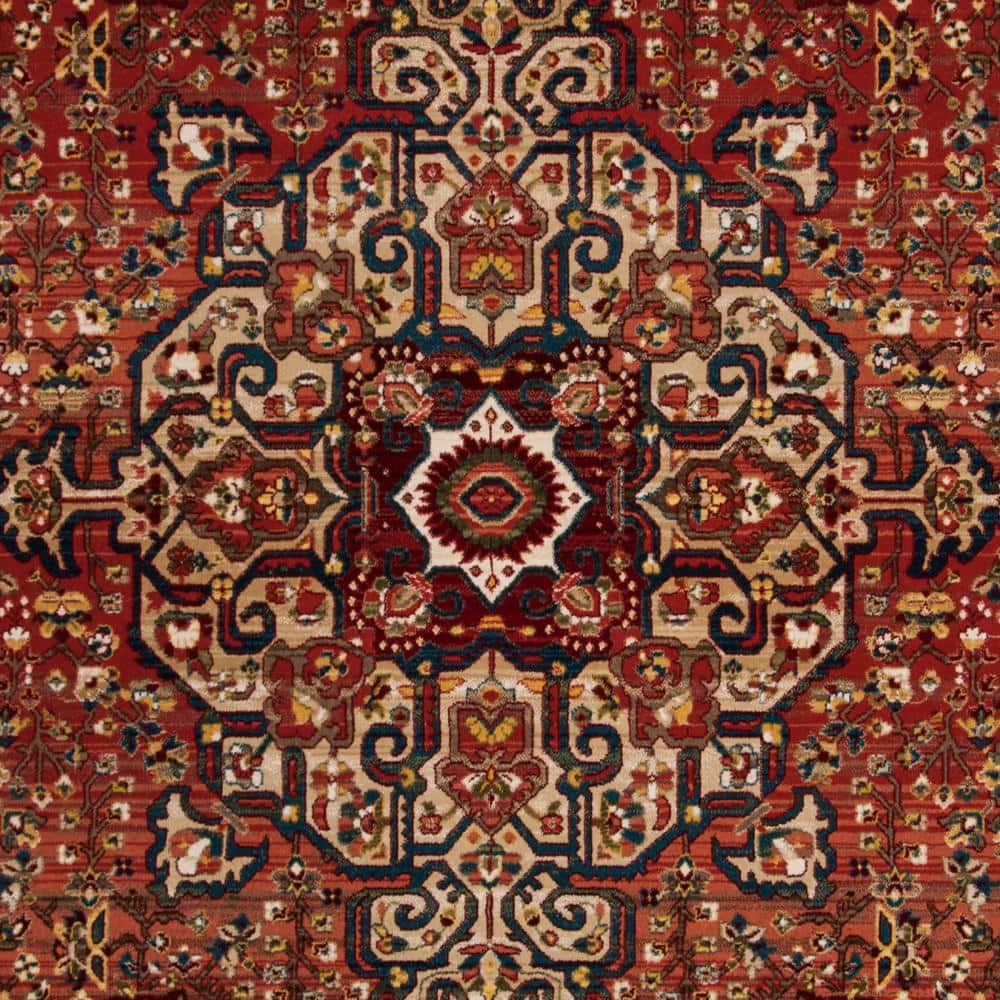 Kashan Red and Ivory Synthetic 9' x 12' Traditional Area Rug