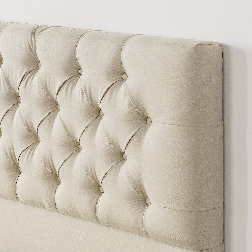 Taupe King Upholstered Platform Bed with Tufted Headboard