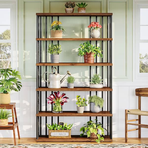 BYBLIGHT Eulas 66.5 in. Tall Brown Wood 6 Shelf Standard Bookcase Industrial Storage Shelving Unit for Bedroom BB NY285ZMZ The Home Depot