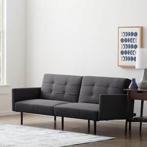 2- Piece Charcoal Linen Futon Chair Sofa Bed with Buttonless Tufting