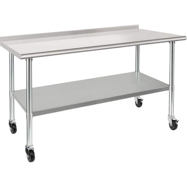 60 in. Silver Stainless Steel Cookware Organizer Table with Wheels Casters Adjustable Undershelf for Commercial Kitchen