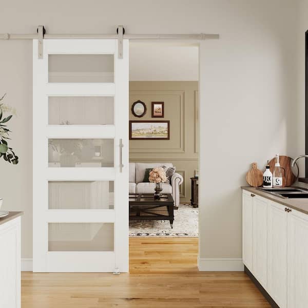 ARK DESIGN 32 in. x 80 in. 5-Lite Tempered Clear Glass White Primed Solid Core MDF Sliding Barn Door with Hardware Kit Nickel