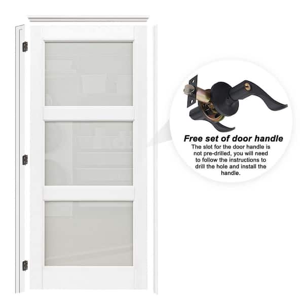36 in. x 80 in. 3-Lite Frosted Glass Left White Solid Core Wood Single Interior Door with Quick Assemble Jamb