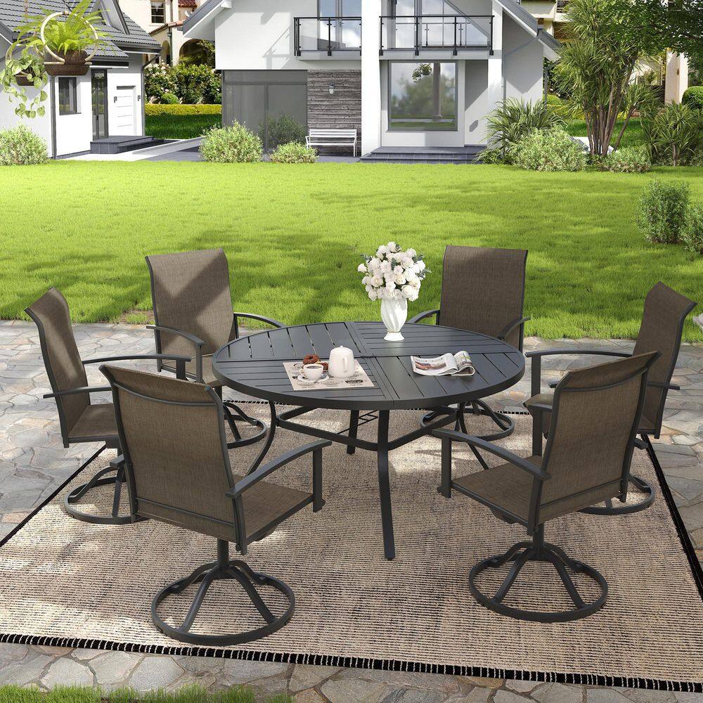 7-Piece Metal Outdoor Dining Set with 53.1 in. Black Round Dining Table and 6 Brown Textilene Swivel Patio Chairs price history on PriceWatchPro