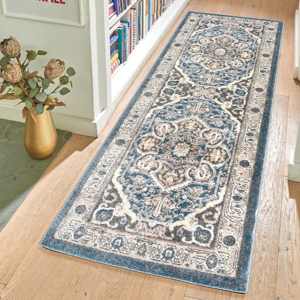 Heirloom Wynn Blue 3 ft. x 8 ft. Oriental Medallion Indoor Runner Rug