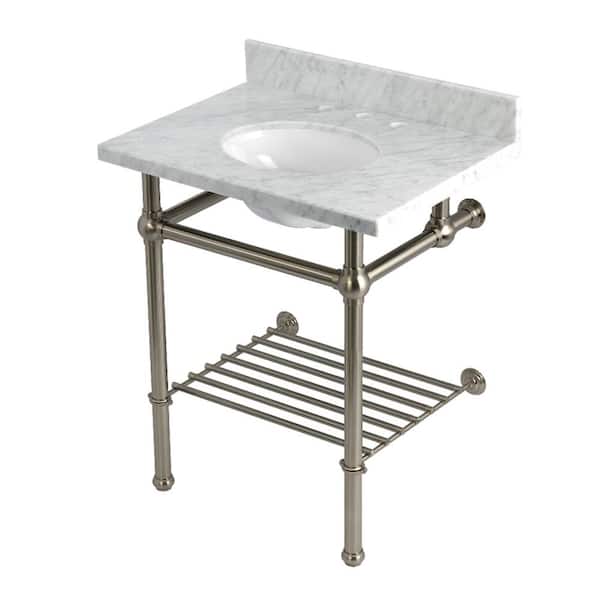 Templeton 30 in. Marble Console Sink with Brass Legs in Carrara Marble/Brushed Nickel