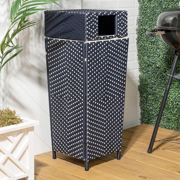 Keaton Modern 24.13-Gal. All-Weather Wicker/Metal Lidded Hideaway Outdoor Trash Can, Navy/White