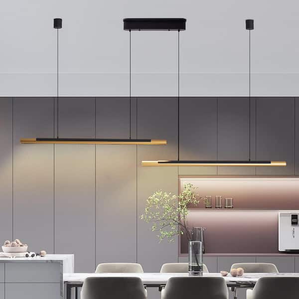 75 in. 2 Light Gold, Black Walnut LED Pendant Light with Remote, Adjustable Height-Sleek Dual Tube Design