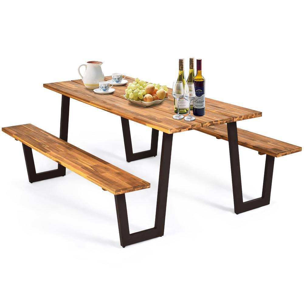 Acacia Wood Outdoor Dining Table Set with Two Benches and Umbrella Hole price history on PriceWatchPro