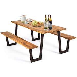 Acacia Wood Outdoor Dining Table Set with Two Benches and Umbrella Hole