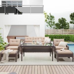 Farmhouse 6-Piece Wicker Patio Dining Table Conversation Set Sofa Set with Brown Cushions