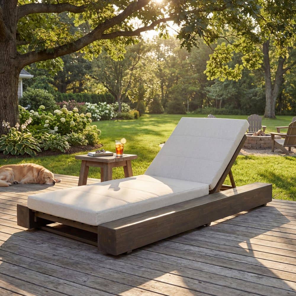Vartan Gray Solid Wood Outdoor Chaise Lounge with Beige Cushions