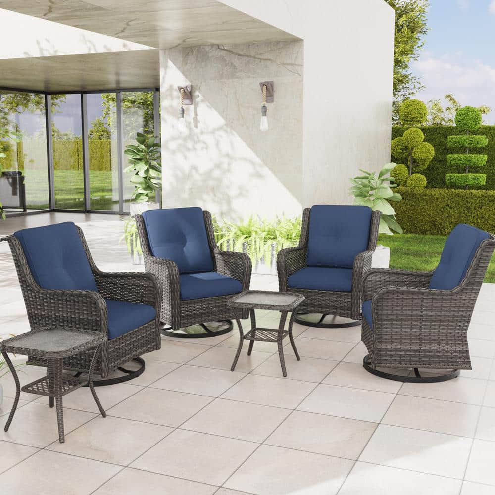 Blue Cushioned 4-Person Steel Wicker Patio Set with Swivel Rocking Chairs