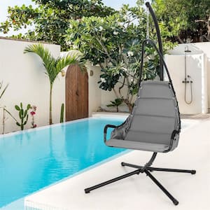 Grey Metal Patio Swing Chair with Stand Extra-wide and Cushioned Seat Outdoor Indoor Hanging Chair