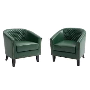 Mid-Century Green Solid Wood Legs PU Leather Upholstered Accent Barrel Chair With Nailhead Trim(Set of 2)