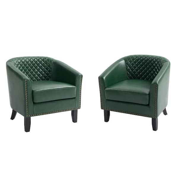 Uixe Mid-Century Green Solid Wood Legs PU Leather Upholstered Accent Barrel Chair with Nail Head Trim (Set of 2)