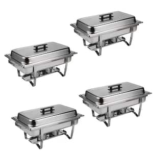 9 Qt., Grip Foldable Frame Silver Rectangular Full Size Stainless Steel Buffet Plates for Parties, Restaurants  4-Piece