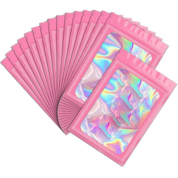 Unbranded Holographic Resealable Bag Clear Window Odor Proof Foil Pouch 100 Pack 3.9 W x 2.4 H Pink for Food Storage and Packaging