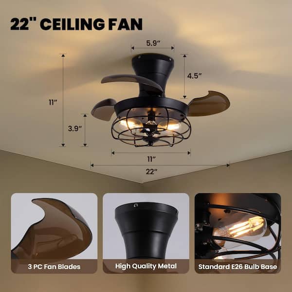 22 in. Indoor Industrial Black Small Caged Retractable Low Profile Ceiling Fan with Remote Included and No Bulb Included