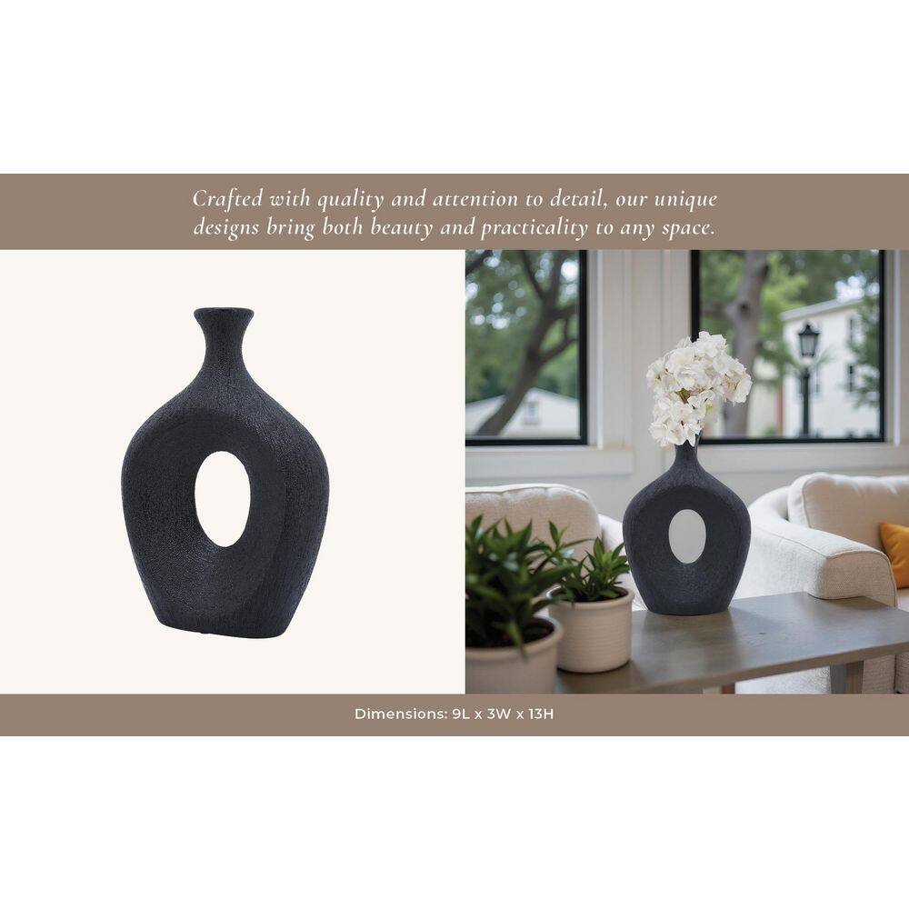Black Ceramic Beaded Oval Vase with Cut-Out Design