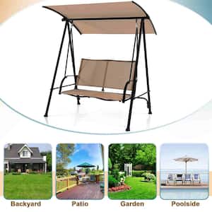 2-Seat Metal Patio Swing Porch Swing with Adjustable Canopy for Garden Dark Beige