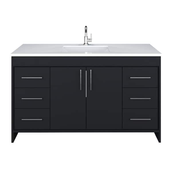 VOLPA USA AMERICAN CRAFTED VANITIES Capri 60 in. W x 22 in. D Bathroom Vanity in Black with Microstone Vanity Top in White with White Basin