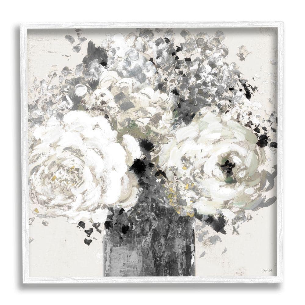 White and Gray Abstract Floral Arrangement Framed Wall Art, 12 x 12