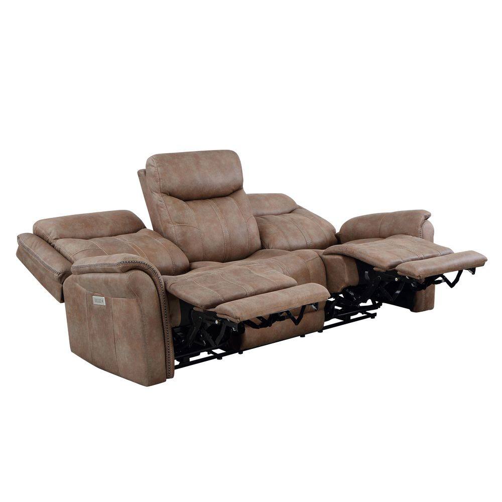 Camel Faux-Suede Power Reclining Sofa with Nailhead Trim