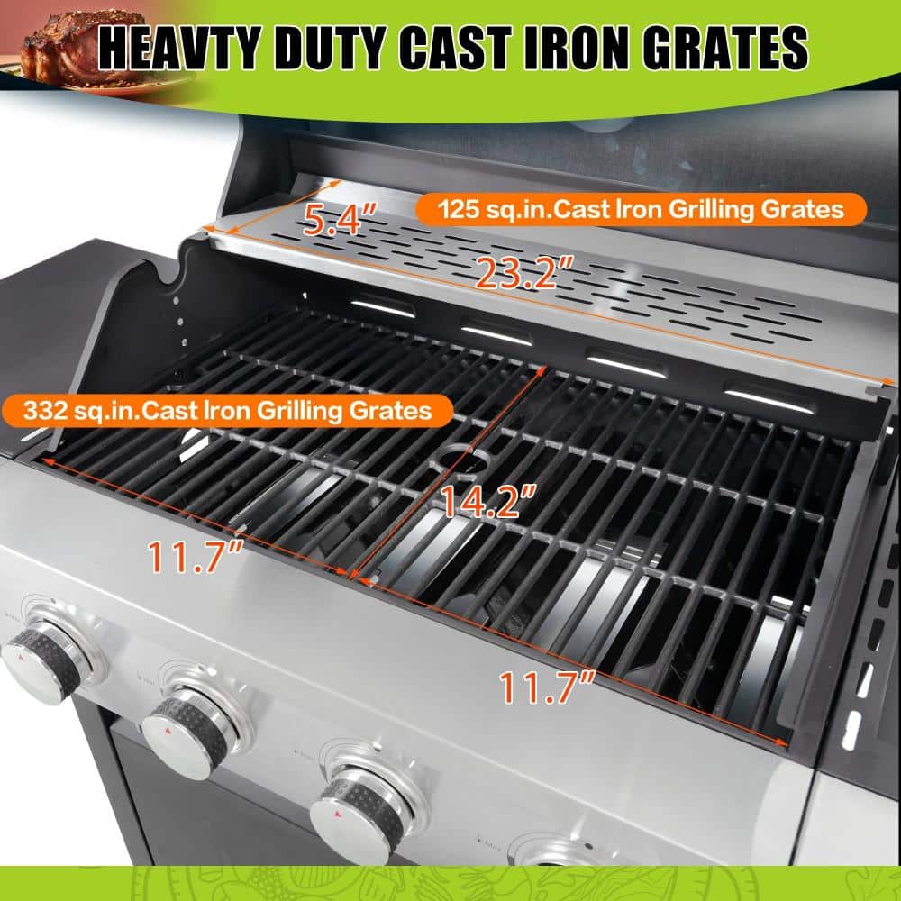 Stainless Steel 4-Burner Propane Gas Grill with Side Burner