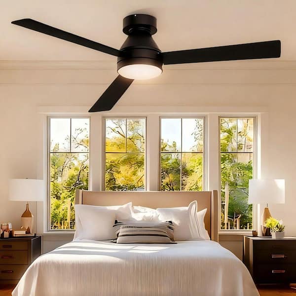 52 in. Dimmable LED Indoor/Outdoor Black Flush Mount Ceiling Fan with Light and Remote, 6 Speeds DC Reversible Noiseless
