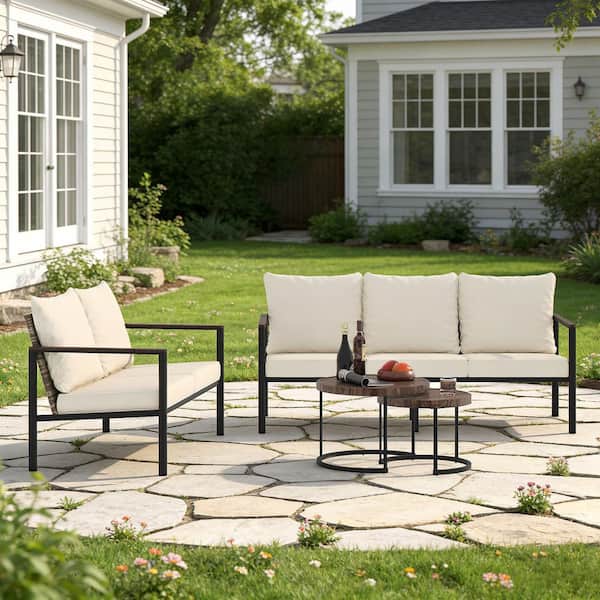 3-Piece Natural PE Rattan Wicker Outdoor Sectional Sofa Set with Beige Washable Cushions and a Teatoy Table