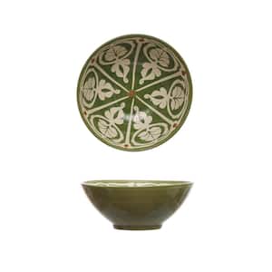 10.5 in. 87.4 fl. oz. Green and Brown Round Stoneware Hand-Painted Serving Bowl with Design