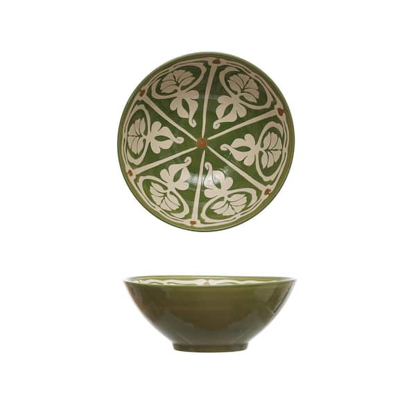 Storied Home 10.5 in. 87.4 fl. oz. Green and Brown Round Stoneware Hand-Painted Serving Bowl with Design
