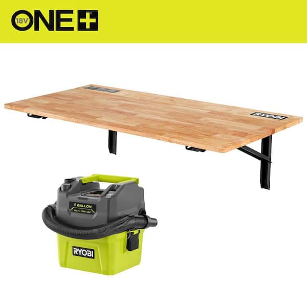 RYOBI Wall Mounted Stow Away Worktable with ONE+ 18V Cordless 1 Gal. Wet/Dry Vacuum (Tool Only)