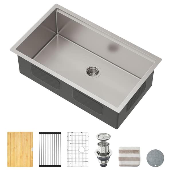 32 in. Workstation Undermount Single Bowl 16 Gauge Stainless Steel Kitchen Sink with Accessories