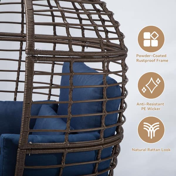 Patio Brown Wicker Indoor/Outdoor Egg Lounge Chair with Ottoman and Blue Cushions