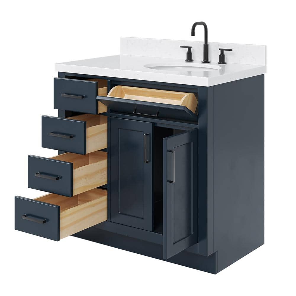 Midnight Blue Hardwood Freestanding Single Sink Vanity with Quartz Top