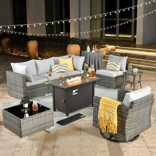 Toject Sanibel Gray 8-Piece Wicker Outdoor Patio Conversation Sofa Sectional Set with a Metal Fire Pit and Light Gray Cushions