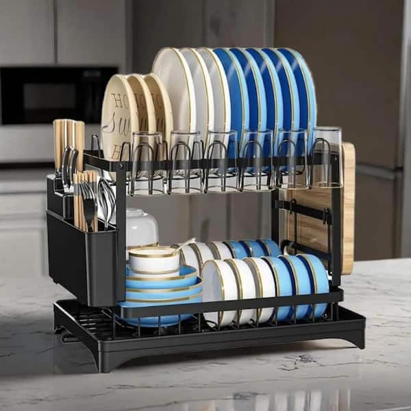 2-Tier Stainless Steel Dish Rack Drying with Drainboard-Utensil/Cup & Cutting Board Holders