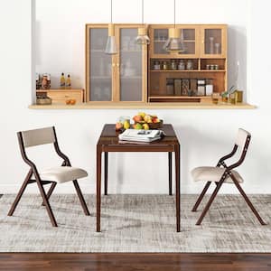 Beige Folding Dining Chair Set of 2-Wooden Upholstered Modern Linen Fabric Padded Seat