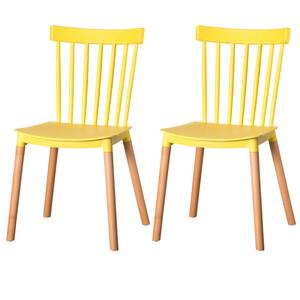 Yellow Modern Plastic Dining Chair Windsor Design with Beech Wood Legs (Set of 2)